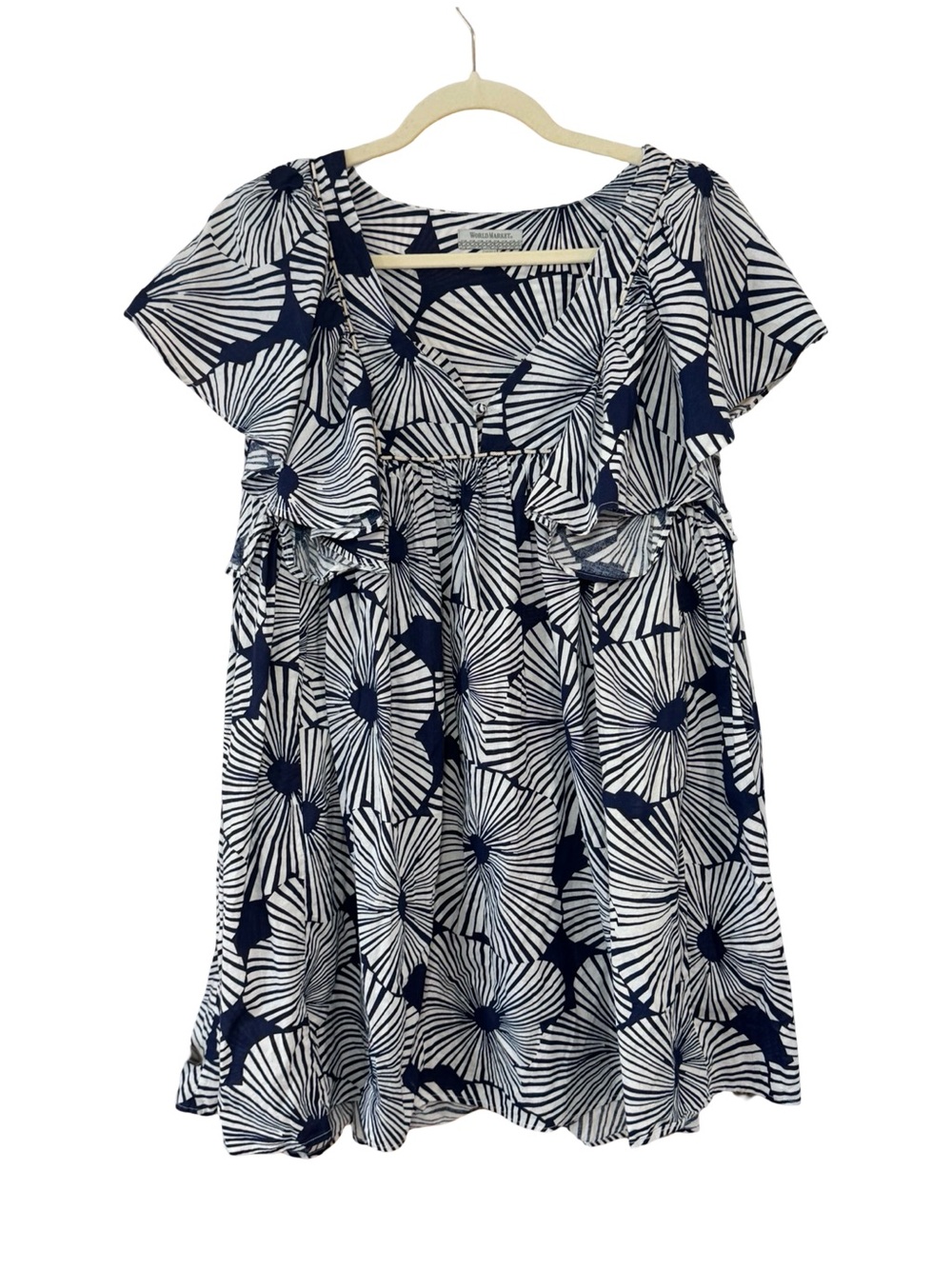 🔹🔷 Cost Plus World Market Navy and White Floral Ruffle Babydoll Dress 🔷🔹